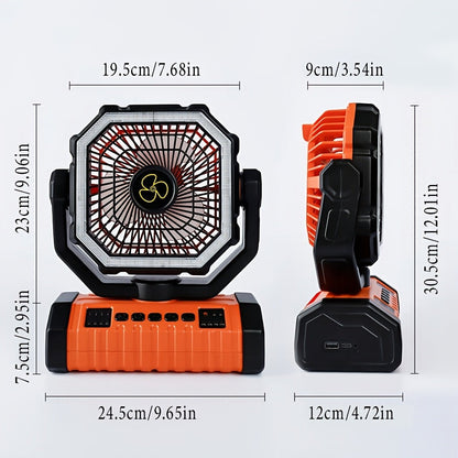 20000mAh Portable Camping Fan with LED Light – USB Rechargeable Outdoor Tent Fan for Hiking, Fishing & Camping – Durable Compact Design with Handle, Green & Orange