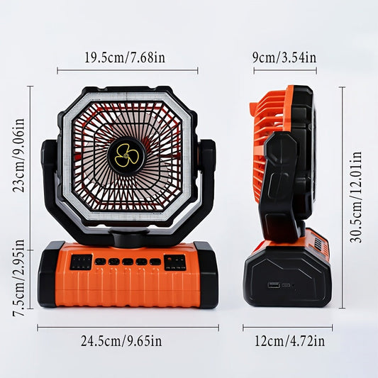 20000mAh Portable Camping Fan with LED Light – USB Rechargeable Outdoor Tent Fan for Hiking, Fishing & Camping – Durable Compact Design with Handle, Green & Orange