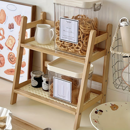 2-Tier Wooden Countertop Shelf Organizer Vintage Trapezoidal Design, Bamboo Desktop Storage Rack for Kitchen Office Bedroom, Space-Saving Counter Shelf for Coffee Cups Books Decor – 1 or 2 Pack, Large & Medium