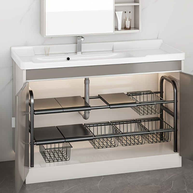 2-Tier Expandable Under Sink Organizer – Adjustable Cabinet Shelf with Detachable Panels & Baskets for Kitchen & Bathroom Storage, Holds Cleaning Supplies, Toiletries & More, 3 or 5 Plate Options
