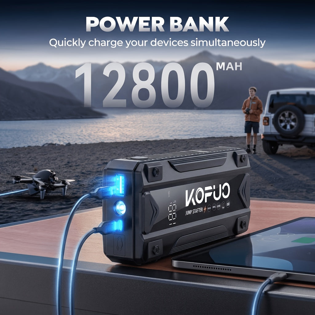 Portable Car Jump Starter 20000A Peak with Air Compressor, 7-in-1 Jump Starter Battery Pack 150PSI Tire Inflator, Power Bank, LED Light & Safety Hammer for 12V Gas & Diesel Engines – Roadside Emergency Kit