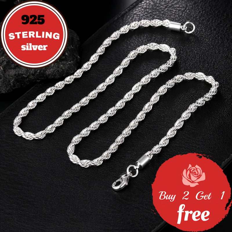 925 Sterling Silver 3mm Twist Woven Necklace – Italian Handmade, 18-24 Inch, Elegant Chain for Women & Men, Gift Box Included, Perfect for Birthday, Valentine’s Day & Holiday Gifts