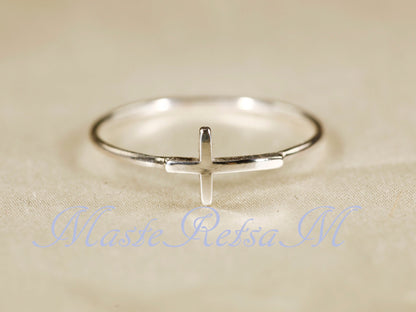 Handmade 925 Sterling Silver Cross Ring Christian Faith Jewelry US Standard Sizes Artisan Crafted Thin Band Daily Wear Religious Gift