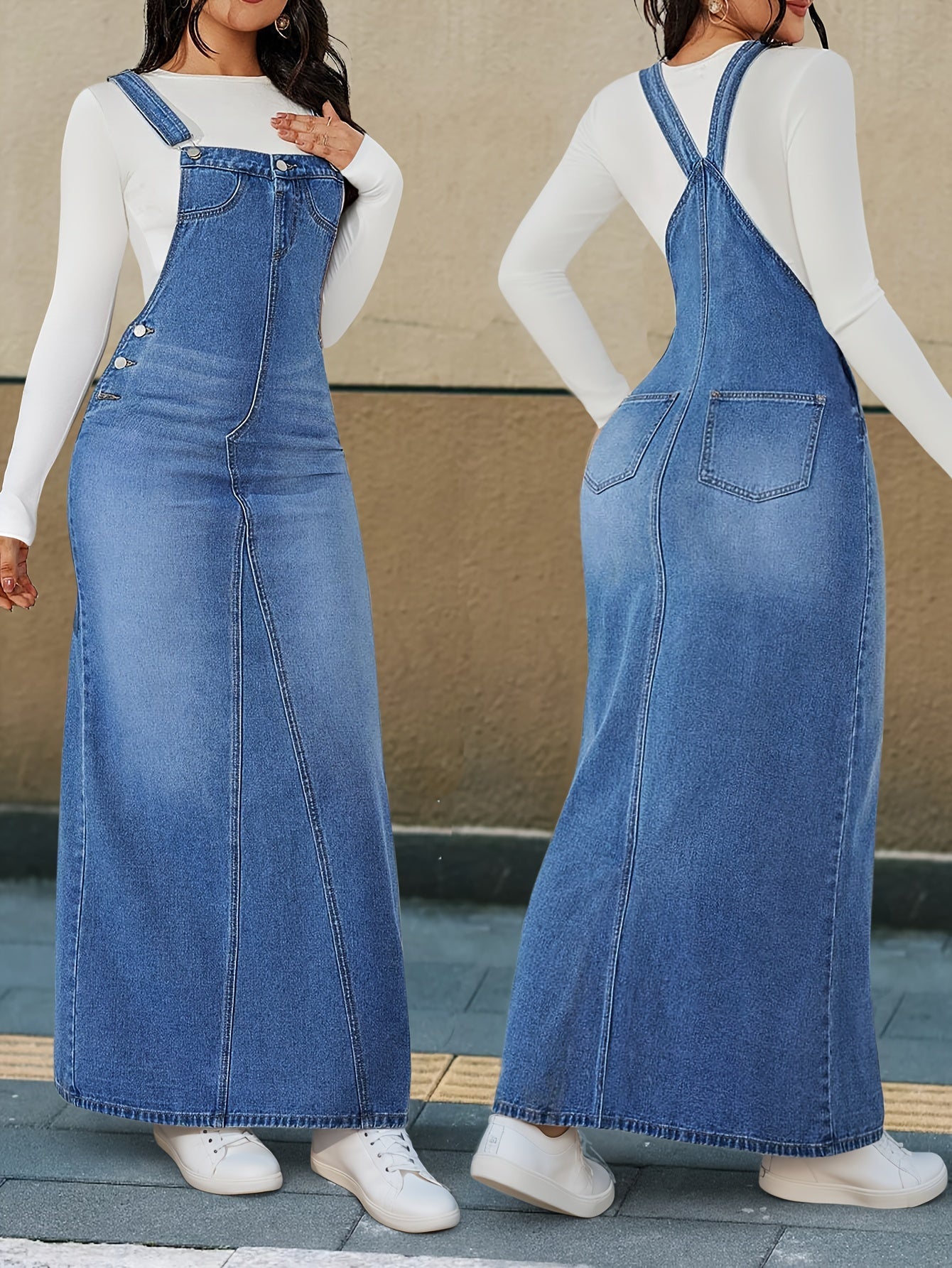 Women's Non-Stretch Denim Dress – Loose Fit Long Skirt with Detachable Strap & Button Closure, Casual to Formal Versatile Denim Dress, Blue & Light Blue, Sizes XS-XXL
