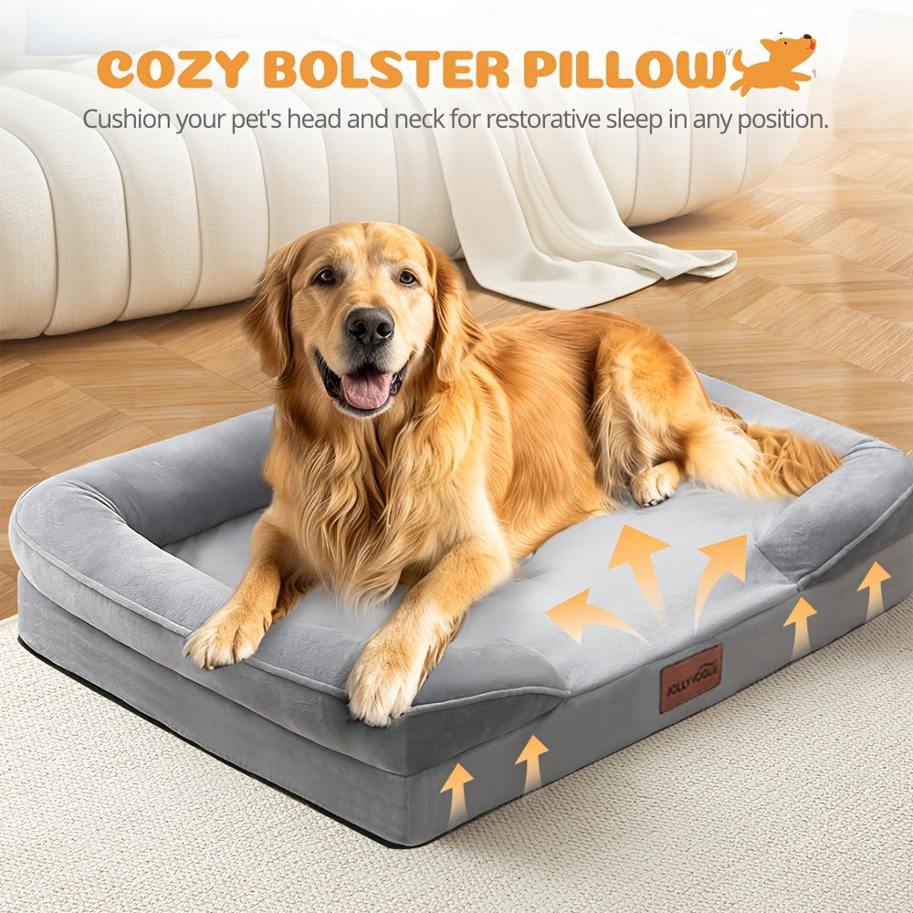 Extra Large Dog Sofa Bed 100% Supportive Foam 4-Sided Bolster Removable Washable Cover Non-Skid Bottom Joint Support Soft Warm Pet Couch Bed Grey M L XL XXL All Breeds