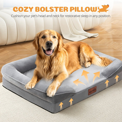 Extra Large Dog Sofa Bed 100% Supportive Foam 4-Sided Bolster Removable Washable Cover Non-Skid Bottom Joint Support Soft Warm Pet Couch Bed Grey M L XL XXL All Breeds