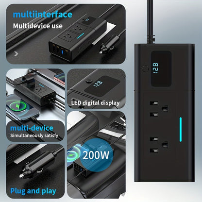 200W Car Power Inverter 12V to 110V AC Outlet – DC to AC Converter with USB-C, QC3.0 Fast Charge & Dual USB Ports, Car Plug Adapter for Laptop Phone Camping Road Trip (No Battery Required)