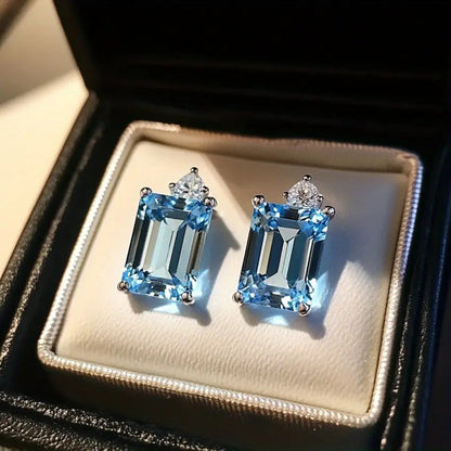 925 Sterling Silver Natural Blue Topaz Earrings Emerald Cut 6x8mm Gemstone Stud Earrings for Women Dainty Y2K Style Crystal Inlay Jewelry Daily Wear Vacation Gift