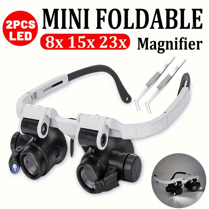 Head-Mounted Magnifying Glass with LED Light Hands-Free 8X 15X 23X Foldable Dual Head – Wearable Magnifier for Jewelry Making, Electronics Repair, Crafts, Reading & Precision Work