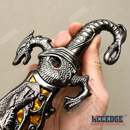 Medieval Dragon Fantasy Fixed Blade Knife with Scabbard 9 Inch – Non-Sharpened 440 Stainless Steel, Cosplay Prop, Historical Replica, Home Decor Collectible, 5 Colors