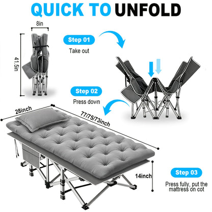 Heavy Duty Folding Bed with Optional Mattress up to 630 LBS – Portable Camping Cot with Multi-Leg Support, Side Pockets & Pillow, 59–77 Inch All Season Guest Napping Bed Space Saving