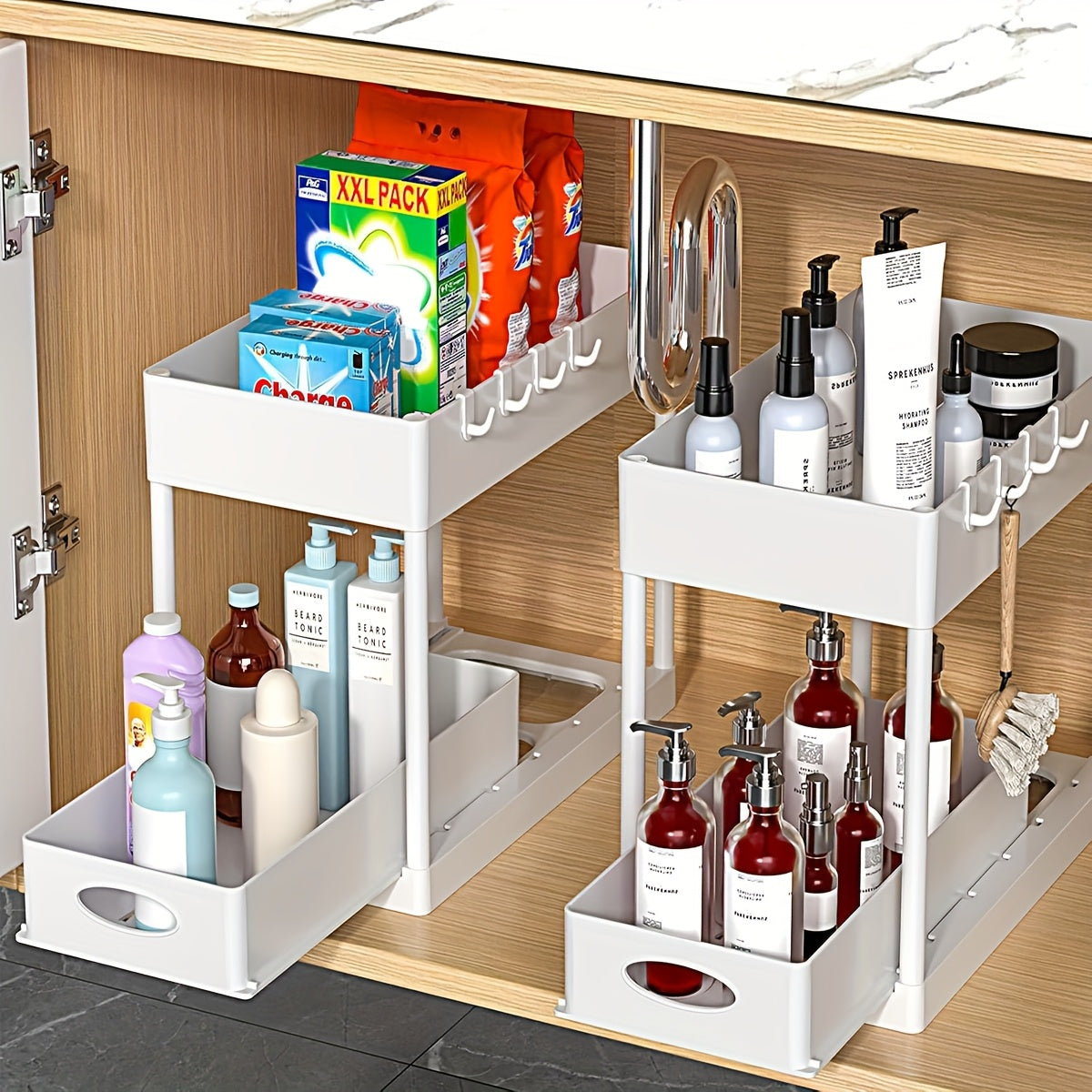 Under Sink Organizer Set of 2 – Dual-Tier Sliding Basket Drawers with 8 Hooks, Bathroom Cabinet Storage Solution for Under Counter Organization, Kitchen & Bath Versatile Shelf Baskets, Black White Gray