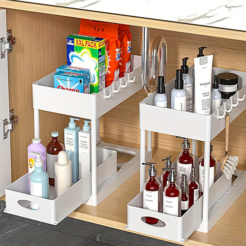 Under Sink Organizer Set of 2 – Dual-Tier Sliding Basket Drawers with 8 Hooks, Bathroom Cabinet Storage Solution for Under Counter Organization, Kitchen & Bath Versatile Shelf Baskets, Black White Gray