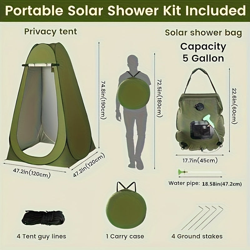 Pop-Up Privacy Tent & 5-Gallon Solar Shower Bag Camping Set – 2-Pack Waterproof Instant Setup Outdoor Shower Tent for Camping, Hiking, Fishing & Beach, Easy Fold Portable Changing Room, Green