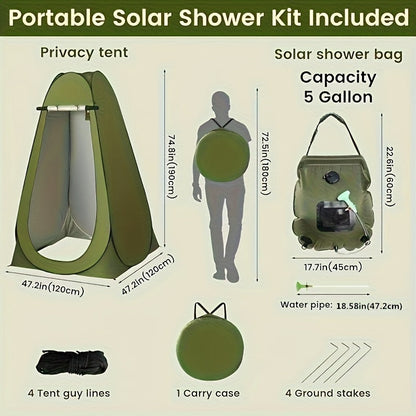 Pop-Up Privacy Tent & 5-Gallon Solar Shower Bag Camping Set – 2-Pack Waterproof Instant Setup Outdoor Shower Tent for Camping, Hiking, Fishing & Beach, Easy Fold Portable Changing Room, Green