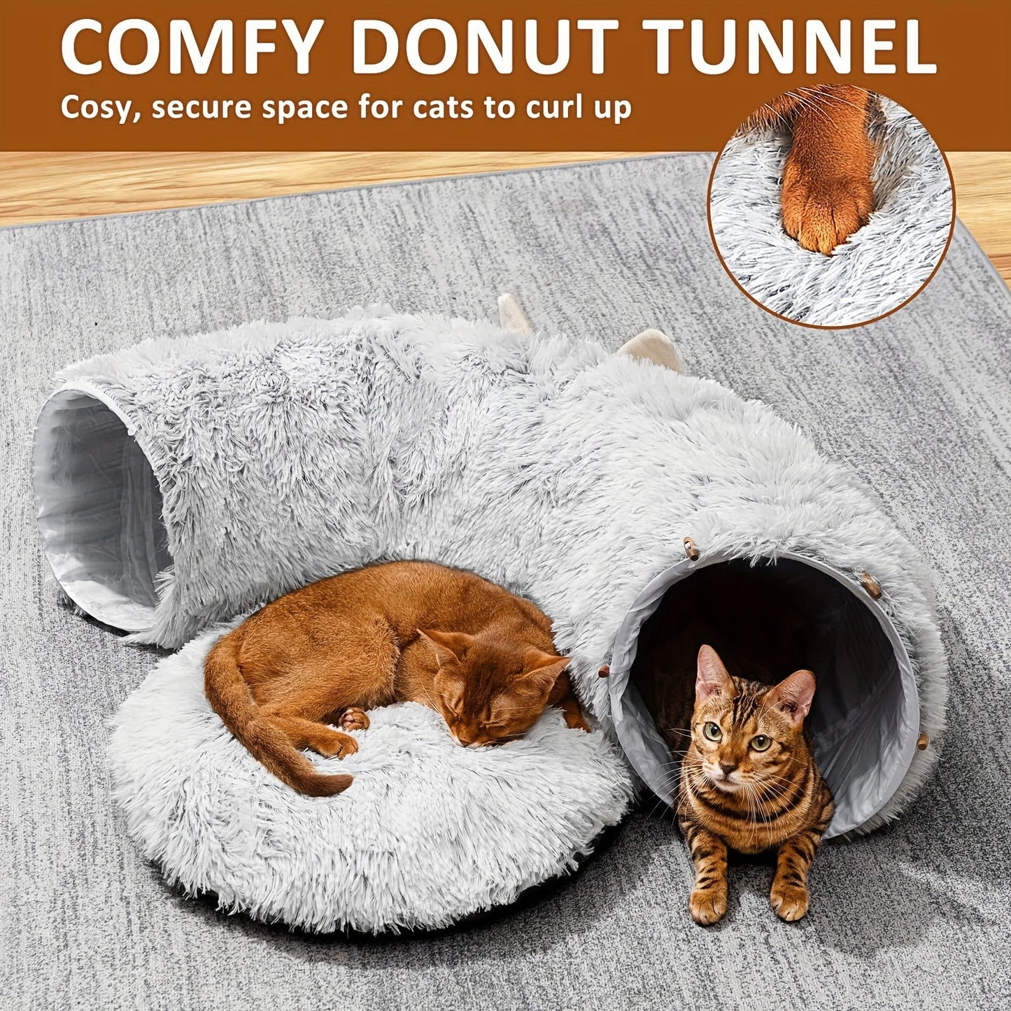 Cat Tunnel with Bed & Donut Peep Hole – Soft Plush Indoor Cat Toy, Multi-functional Hideout & Amusement Park for Cats, Kittens & Rabbits, Includes Pet Scarf, Small Medium Large