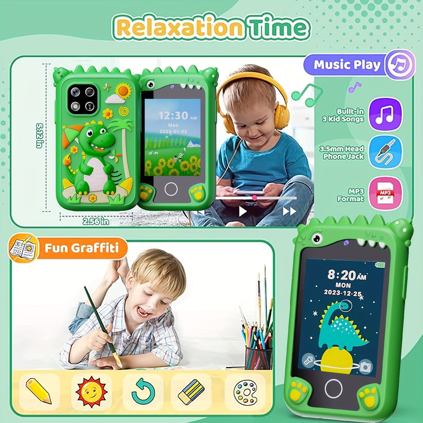 Kids Smart Phone Toy with HD Touchscreen Dual Camera Dinosaur Design 8GB SD Card Included Play Cell Phone for Boys and Girls Ages 3 and Up Travel Toy Birthday Easter Halloween Christmas Gift Green Purple