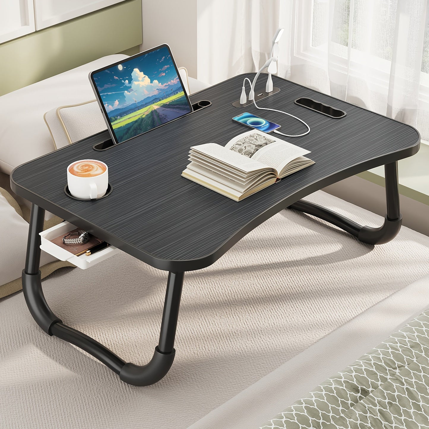Lap Desk Bed Tray for Laptop & Eating – Large Breakfast Tray with Cup Holder & Drawer for Sofa Couch Floor Sitting, Study Reading Writing Portable Lap Table