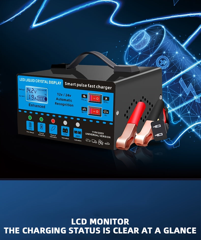 12V 24V Smart Battery Charger with LCD Display – Intelligent Trickle Charging, Overcharge & Short Circuit Protection, Universal Fit for Car, Truck, Motorcycle, Yacht & RV Batteries, Automatic Battery Maintainer & Conditioner