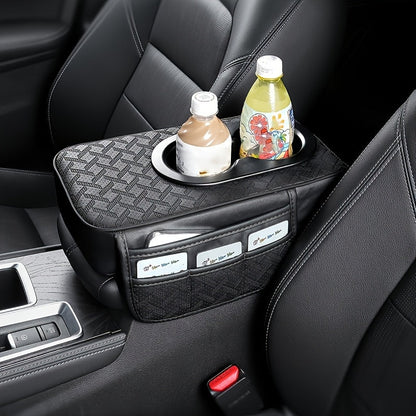 PU Leather Car Center Console Mat & Armrest Box Cover | Universal Fit, 2 Side Pockets, 2 Cup Holders, Phone & Card Storage, Tissue Box Replacement – Black, Grey, Red, Beige, Brown, Cream