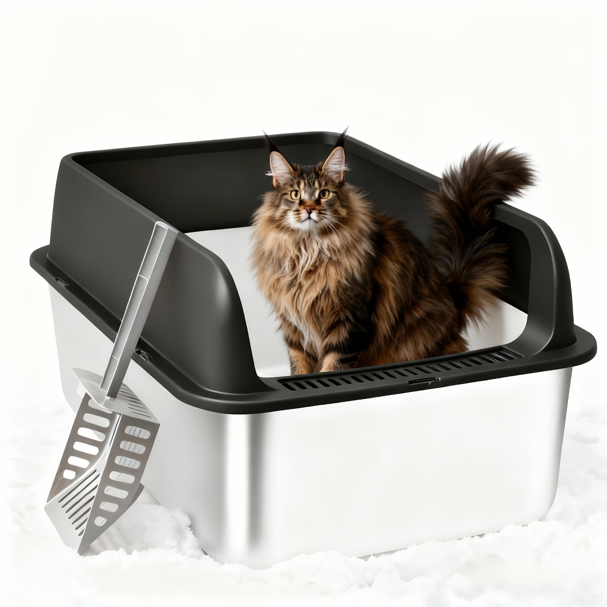 Stainless Steel Cat Litter Box High Sides Anti-Leakage Metal Litter Pan with Scoop Sifting Tray Rust-Proof Odor-Resistant Non-Stick Easy Clean Indoor Cat Toilet Medium Large Cats