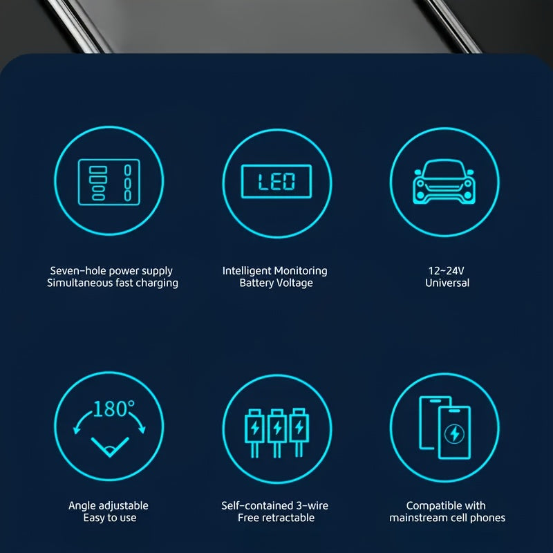 7-in-1 Car Fast Charger with 3 Retractable Cables LED Digital Display 180° Adjustable Universal Plug - Multi-Port Car Phone Charger for iPhone Android USB-C