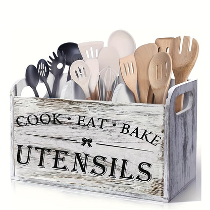 Rustic Wooden Kitchen Utensil Organizer with Handle & 3 Compartments – Countertop or Wall Mount Caddy for Cooking, Dining & Baking Tools – Farmhouse Kitchen Storage in White & Black