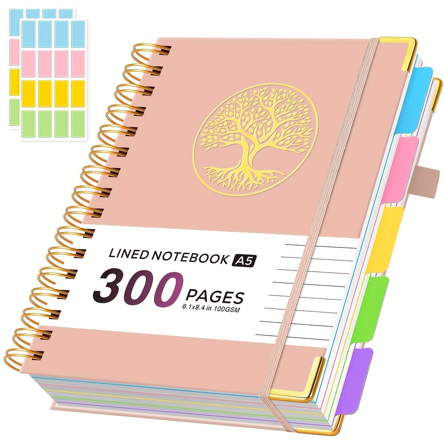 A5 Hardcover 5-Subject Spiral Notebook Journal – 300 College-Ruled Pages with Removable Divider Tabs & Pocket, 6.1" x 8.4" Lined Notebook for Work, School & Note Taking, Back to School Supplies