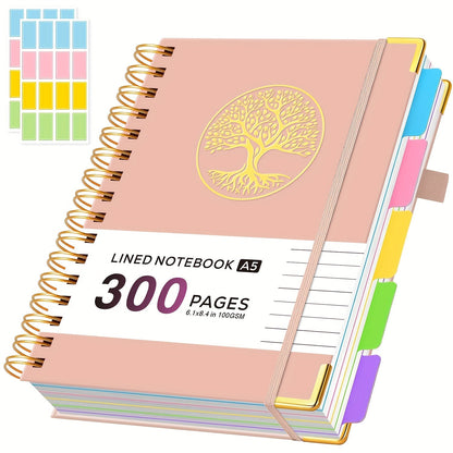 A5 Hardcover 5-Subject Spiral Notebook Journal – 300 College-Ruled Pages with Removable Divider Tabs & Pocket, 6.1" x 8.4" Lined Notebook for Work, School & Note Taking, Back to School Supplies