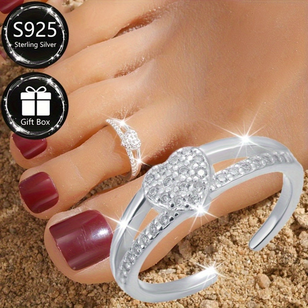 S925 Sterling Silver Heart Anklet for Women – Adjustable Cubic Zirconia Accent Ankle Bracelet, Romantic Valentine's Day & Beach Vacation Jewelry in Silver & Gold, Lightweight 1.3g Vintage Style