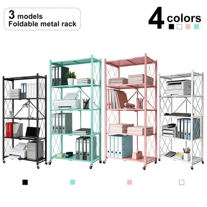 Heavy Duty Folding Storage Rack with Wheels – 3/4/5-Tier Portable Floor-Standing Shelf, No Assembly Required, for Home, Office, Bedroom & Dorm, 4 Colors Available