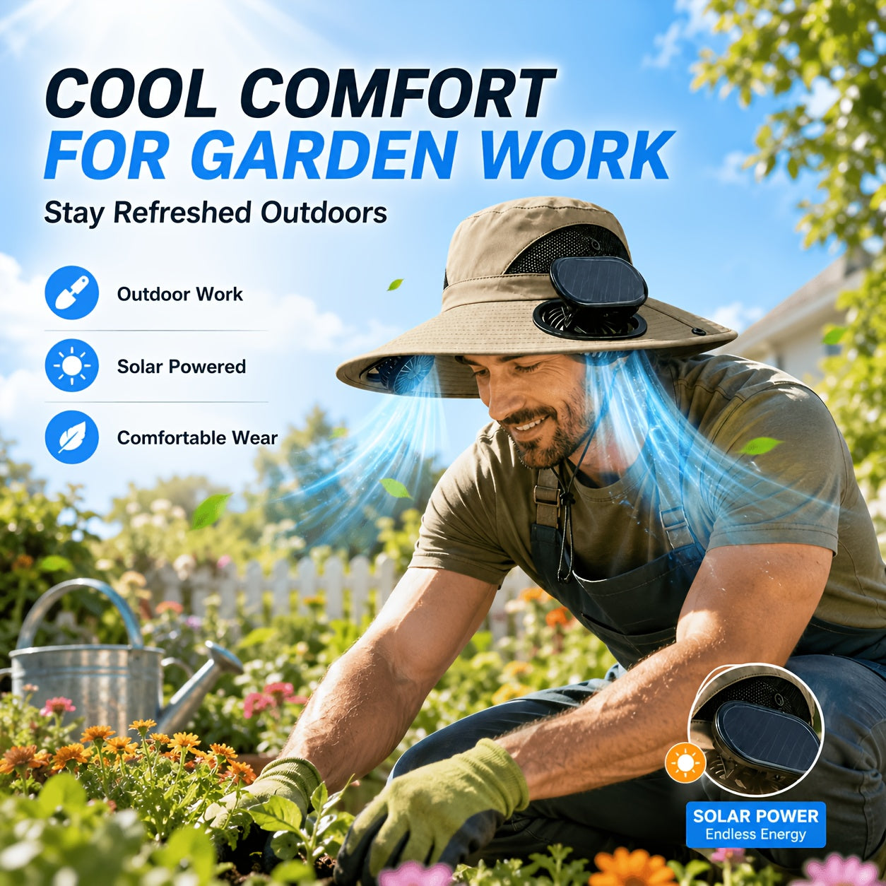 Solar Fan Hat for Men & Women – Wide Brim Sun Hat with Dual Cooling Fans Adjustable Airflow & UV Protection for Summer Travel Gardening Hiking Camping & Yard Work