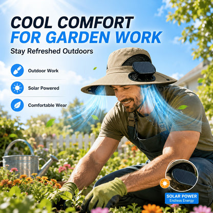 Solar Fan Hat for Men & Women – Wide Brim Sun Hat with Dual Cooling Fans Adjustable Airflow & UV Protection for Summer Travel Gardening Hiking Camping & Yard Work