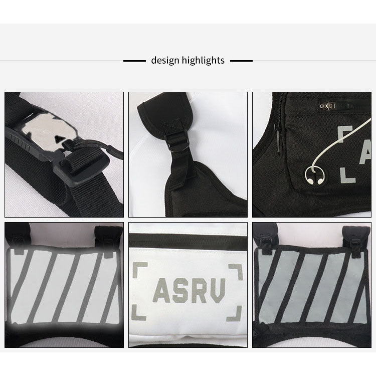 Reflective Chest Bag Running Vest Pack Lightweight Adjustable Crossbody Sling Bag for Men Women – Waterproof Sport Chest Pack for Cycling Hiking Skiing with Headphone Hole, Black & White