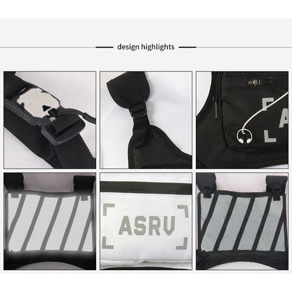 Reflective Chest Bag Running Vest Pack Lightweight Adjustable Crossbody Sling Bag for Men Women – Waterproof Sport Chest Pack for Cycling Hiking Skiing with Headphone Hole, Black & White
