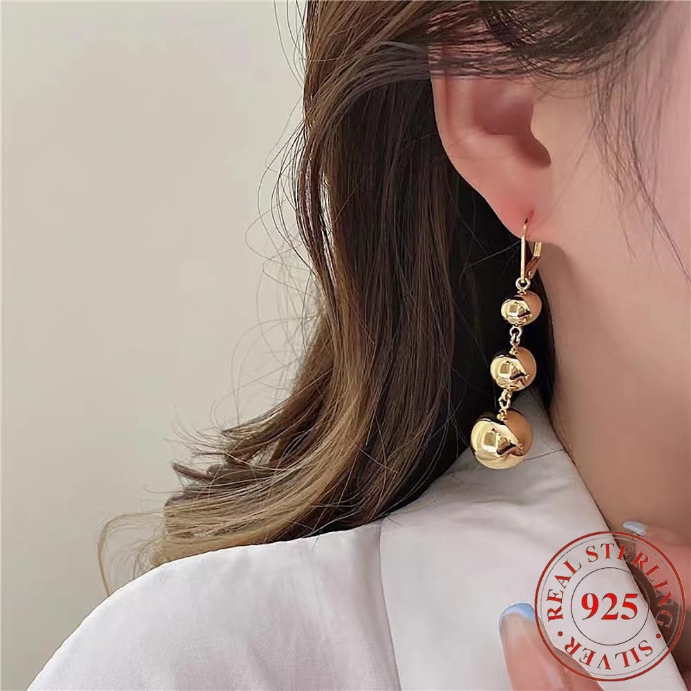 S925 Sterling Silver Triple Ball Drop Dangle Earrings for Women – Retro French Long Design, Elegant Vintage Style, Gold & Silver Tone