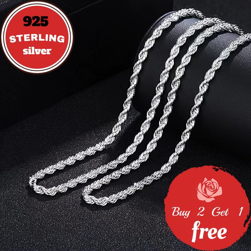 925 Sterling Silver 3mm Twist Woven Necklace – Italian Handmade, 18-24 Inch, Elegant Chain for Women & Men, Gift Box Included, Perfect for Birthday, Valentine’s Day & Holiday Gifts