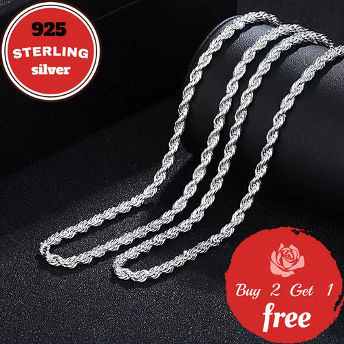 925 Sterling Silver 3mm Twist Woven Necklace – Italian Handmade, 18-24 Inch, Elegant Chain for Women & Men, Gift Box Included, Perfect for Birthday, Valentine’s Day & Holiday Gifts