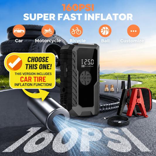 9-in-1 Car Jump Starter 6500A 12V with 160PSI Air Compressor – Portable Battery Booster, Emergency Power Bank, LED Flashlight & Roadside Kit, Wireless Jump Starter for Cars, Trucks, SUVs & Motorcycles