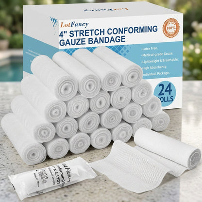 Stretch Gauze Bandage Rolls 24 Count – 4 Inch x 4 Yards, Individually Wrapped Latex-Free Conforming Gauze Wrap for First Aid, Wound Care, Wrist, Knee, Hemostasis, Outdoor & Pet Use