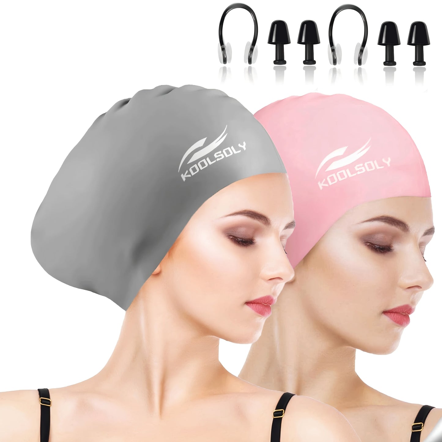 Silicone Swimming Cap 2 Pack with Ear Protection for Long Hair – Includes Earplugs & Nose Clip, Waterproof Swim Cap Set, 11 Color Options for Women Men Adults