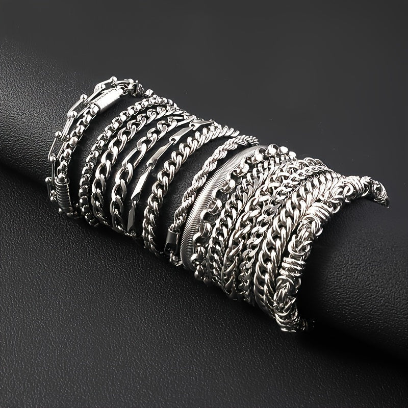 12pcs Men's Hip Hop Stainless Steel Cuban Chain Bracelet Set - Curb Link Wristband for Daily Wear, Party, Festival, Rave & Gift