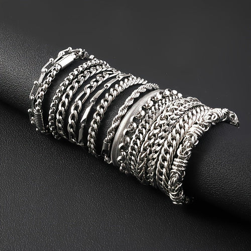 12pcs Men's Hip Hop Stainless Steel Cuban Chain Bracelet Set - Curb Link Wristband for Daily Wear, Party, Festival, Rave & Gift