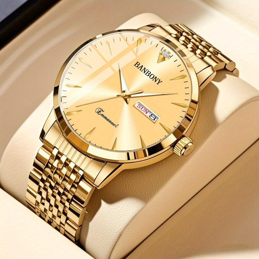 Unisex Stainless Steel Quartz Watch – Rhinestone Accents, IPX7 Waterproof, HD Dial with Date Display, Gold & Silver Tones, Elegant Fashion Wristwatch for Women & Men