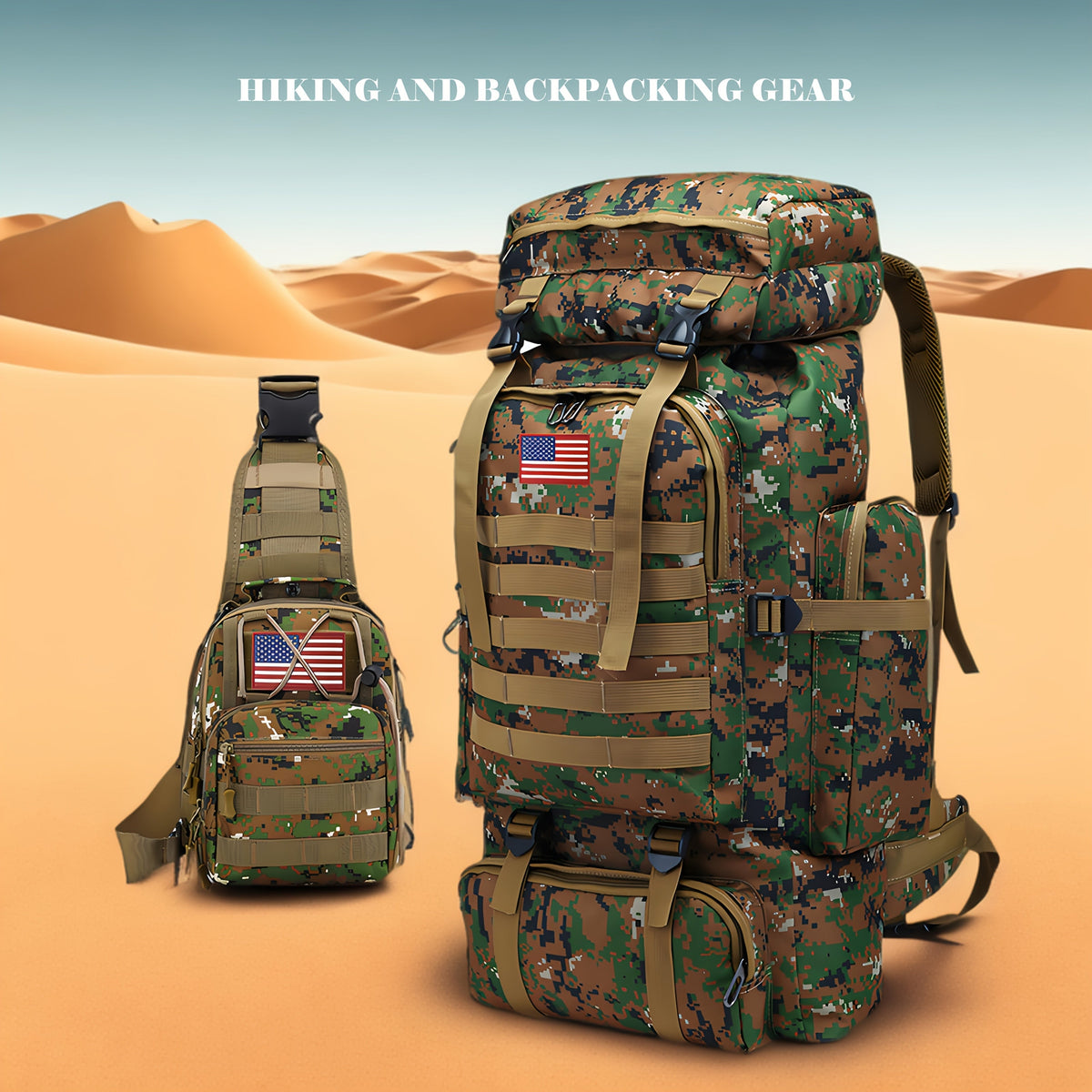 Tactical Backpack & Chest Pack 2-Piece Set - 80L 3-Day Assault Pack for Men, Polyester Molle Military Backpack for Hiking, Camping, Hunting, Travel & Outdoor Sports