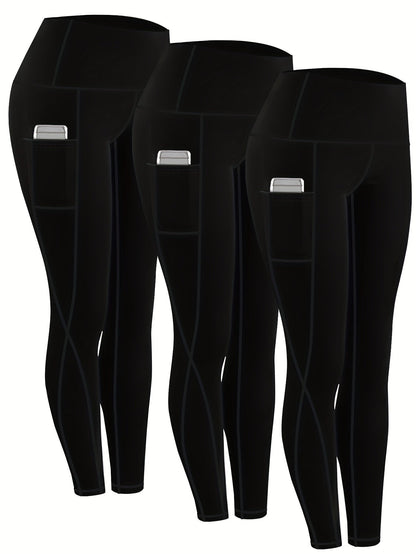 Women's High Waist Compression Leggings 3-Pack with Pockets 230g Breathable Tights for Yoga Fitness Sports Daily Wear – All Seasons Multi-Color Shapewear S-XXL