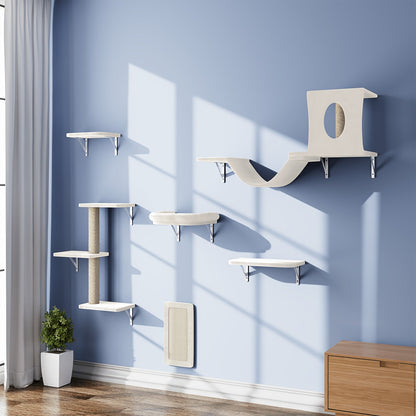 Wall Mounted Cat Climbing Shelf Set 7-Piece – Deluxe Indoor Cat Furniture with Condo, Shelves, Scratching Post, Bridge Ladder & Tunnel for All Cat Sizes