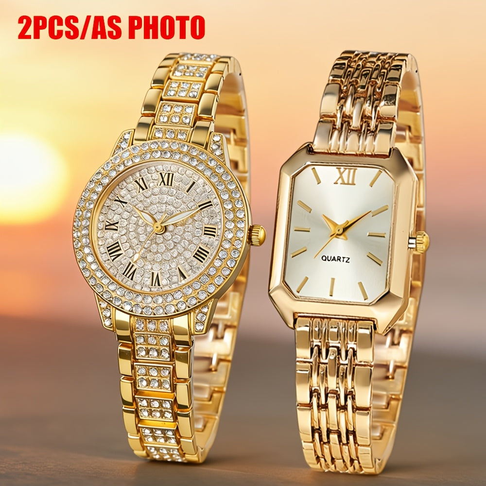 Set of 2 Women's Watches Gold Quartz Wristwatch – Elegant Ladies Analog Timepiece Set, Casual Stylish Gift for Women, Rose Gold Silver Tone