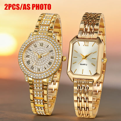 Set of 2 Women's Watches Gold Quartz Wristwatch – Elegant Ladies Analog Timepiece Set, Casual Stylish Gift for Women, Rose Gold Silver Tone