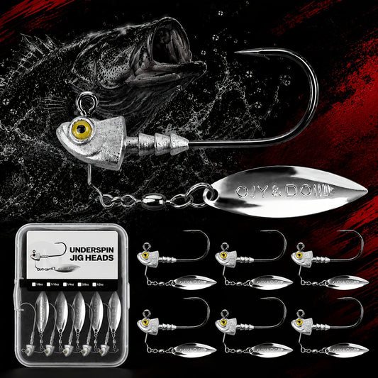 Underspin Jig Heads 6-Pack with 100% Brass Blade (Never Rust) - Bass & Saltwater Fishing Lures - 3/16oz 1/4oz 3/8oz 1/2oz Sizes Included